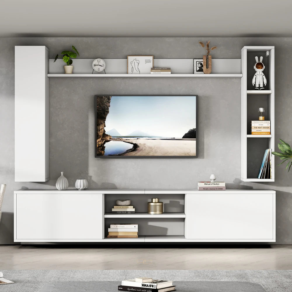 Ensemble Mural TV 4 Pièces 180x35x33,5 cm – Meuble TV + 2 Vitrines + Étagère | Blanc | Salon