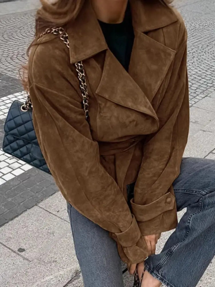 Veste Bomber Femme HKOX Suède Vintage – Ceinture | Double Boutonnage | Col Rabattu | Oversize | Marron | S-L