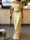 2026 Frühjahr Sommer Schulterfreies geripptes Strick-2-Teiler-Set, Crop Top + High Waist Maxi Bodycon Meerjungfrauenrock