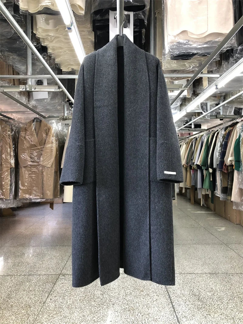 Big Collar Bademantel-Stil Doppelseitiger Kaschmirmantel für Damen Herbst Winter Lange Schöne Wollmäntel Lockere Einfache Wollmantel
