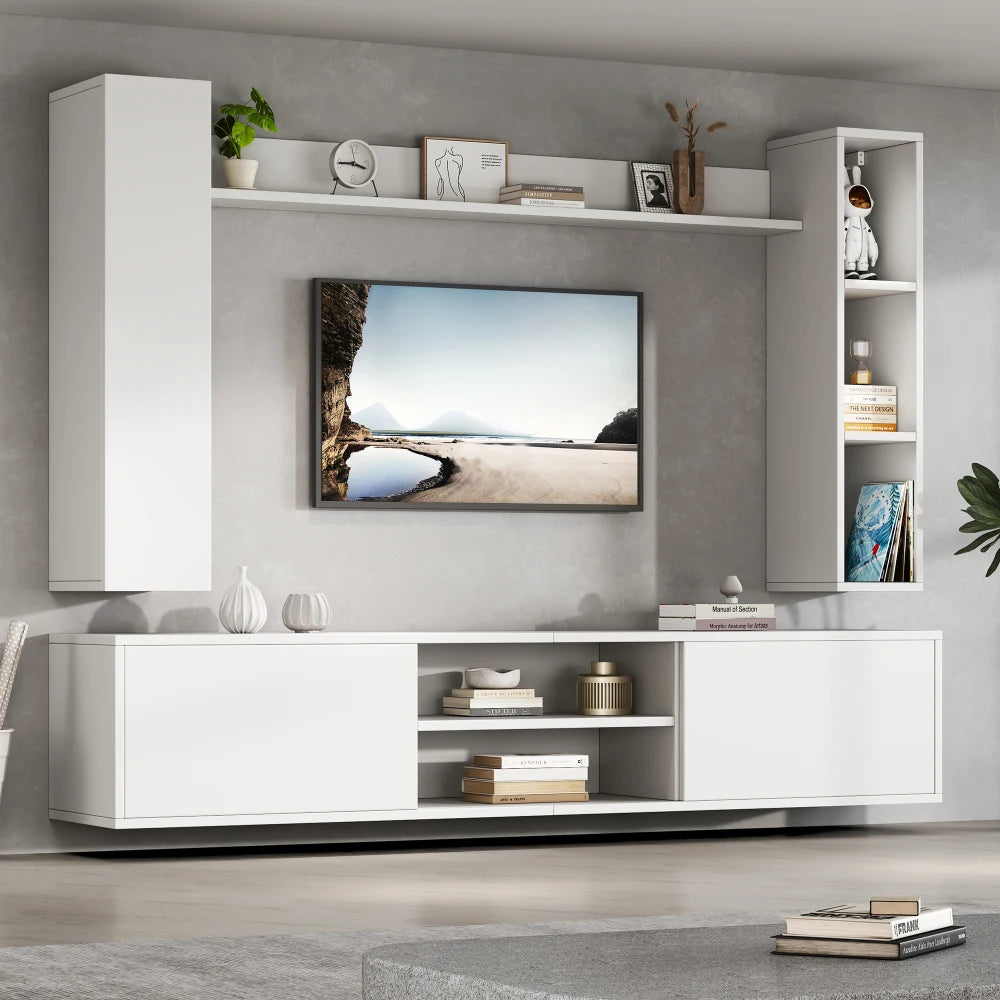 Ensemble Mural TV 4 Pièces 180x35x33,5 cm – Meuble TV + 2 Vitrines + Étagère | Blanc | Salon
