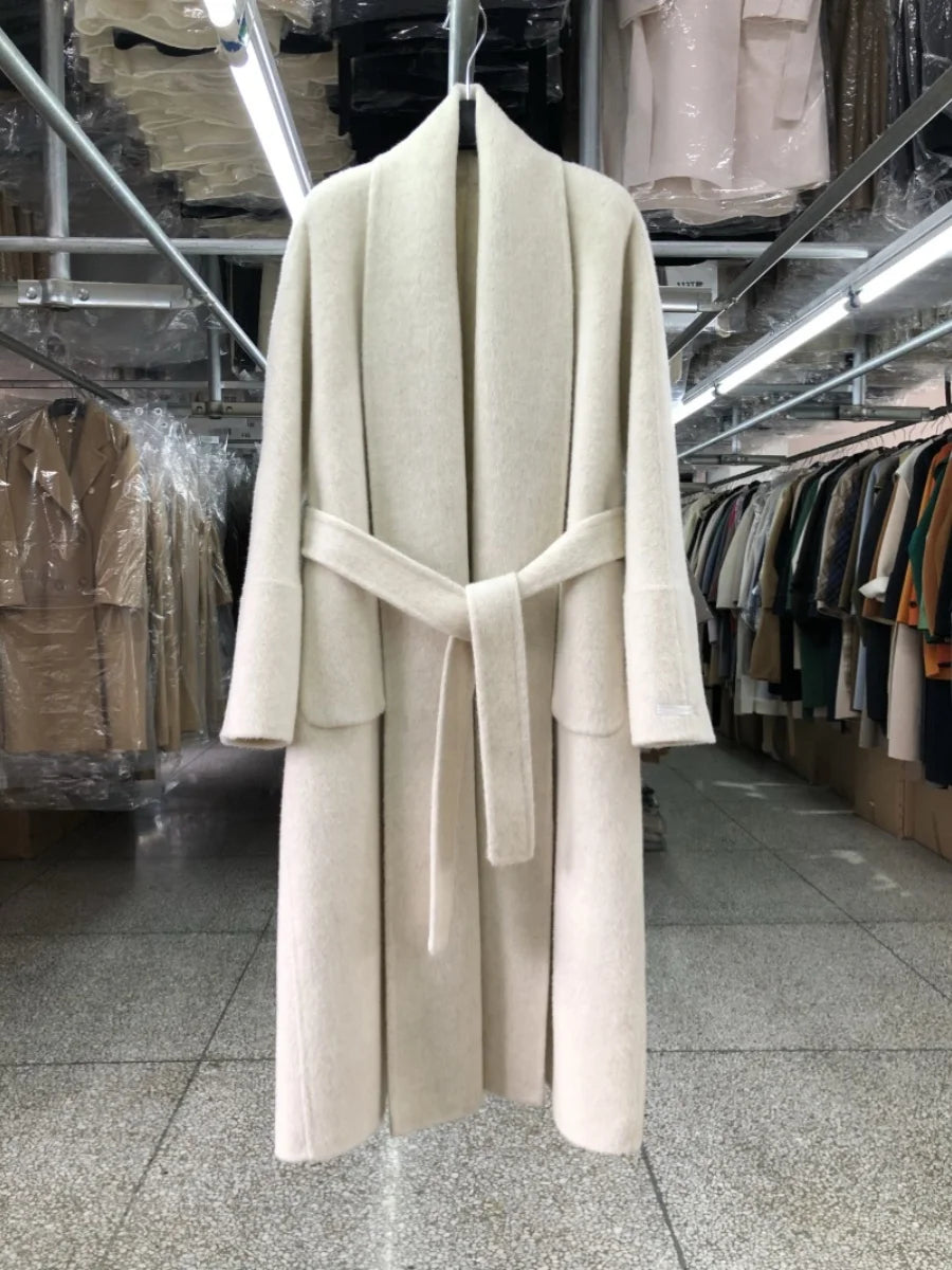 Big Collar Bathrobe Style Double-sided Cashmere Coat for Women Autumn Winter Long Beautiful Wool Coats Loose Simple Woolen Coat