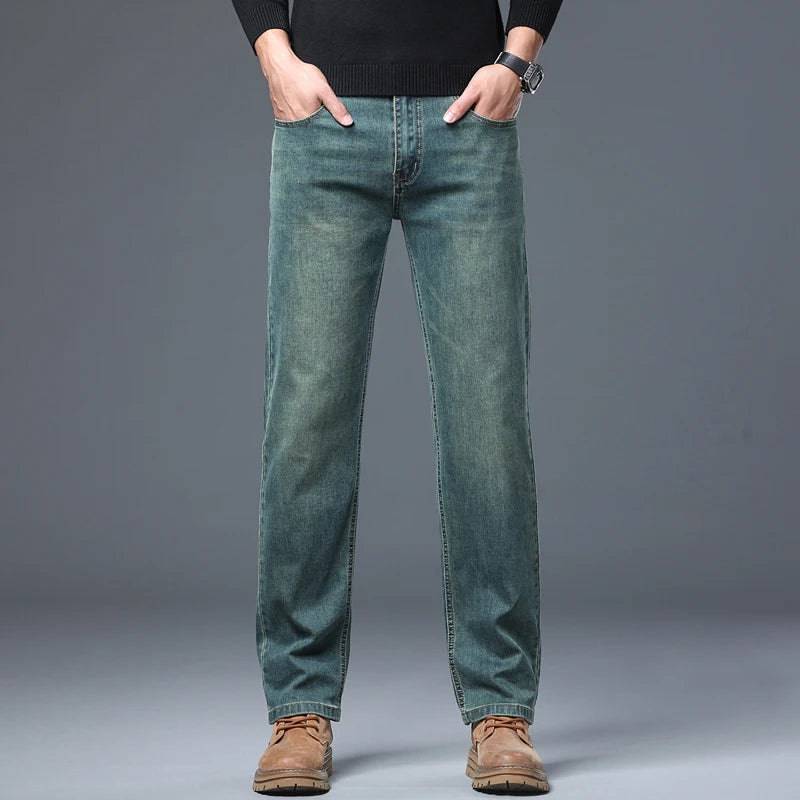 Jean Droit Ample Homme – Denim Léger Respirant Taille Haute Business Casual