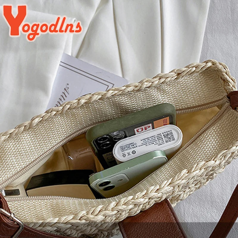 Sac de Plage Femme Yogodlns – Paille Rotin Tressé Fait Main, Forme Demi-Lune, Style Bohème