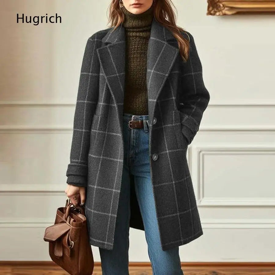 Manteau Mi-Long Femme À Carreaux – Mélange Laine, Coupe Ample, Poches | Hiver