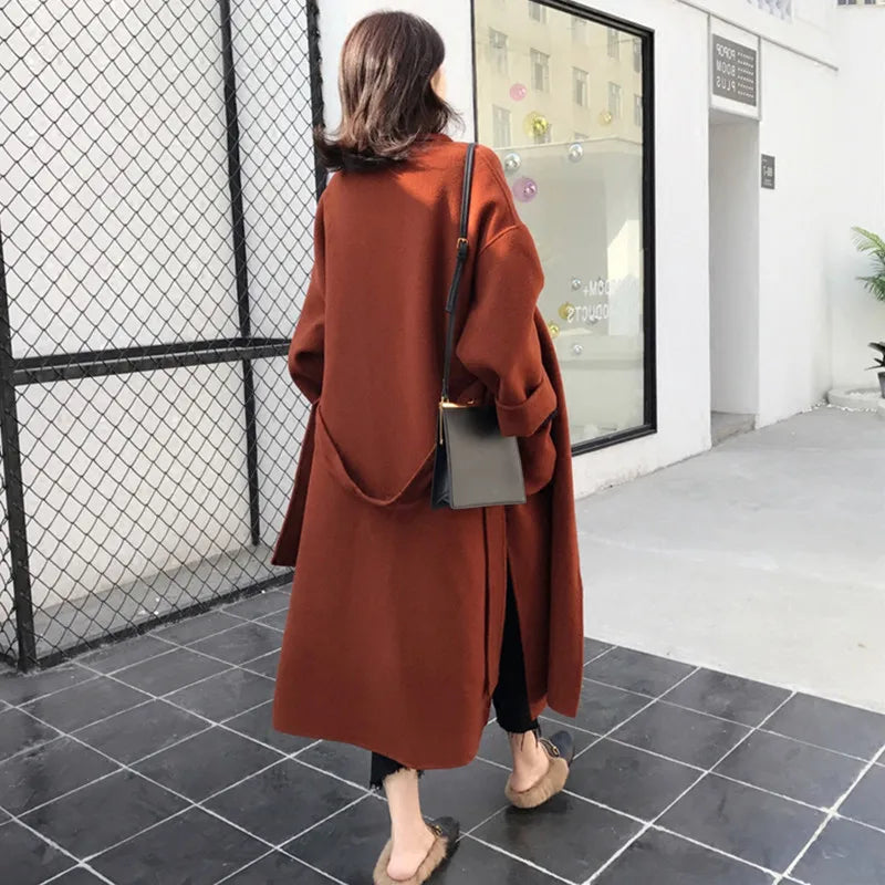 Manteau en Laine Épais pour Femme – Style Coréen Rétro Long