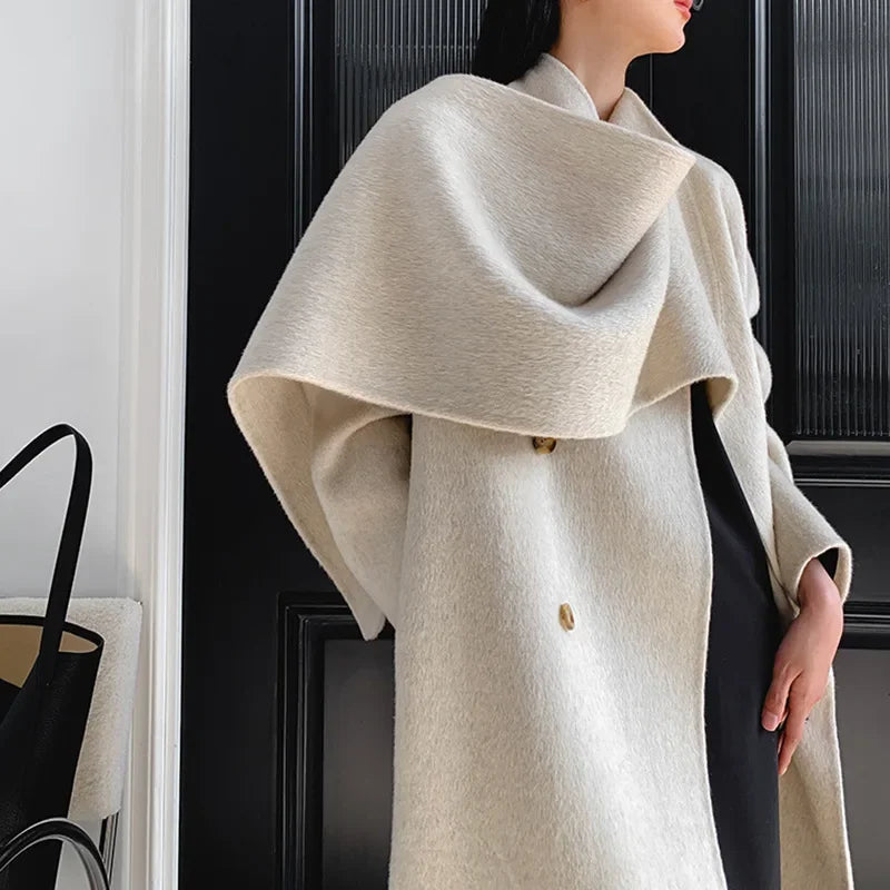 Manteau en Laine Cachemire Cousu Main – Col Écharpe, Coupe Ample, Mi-Long