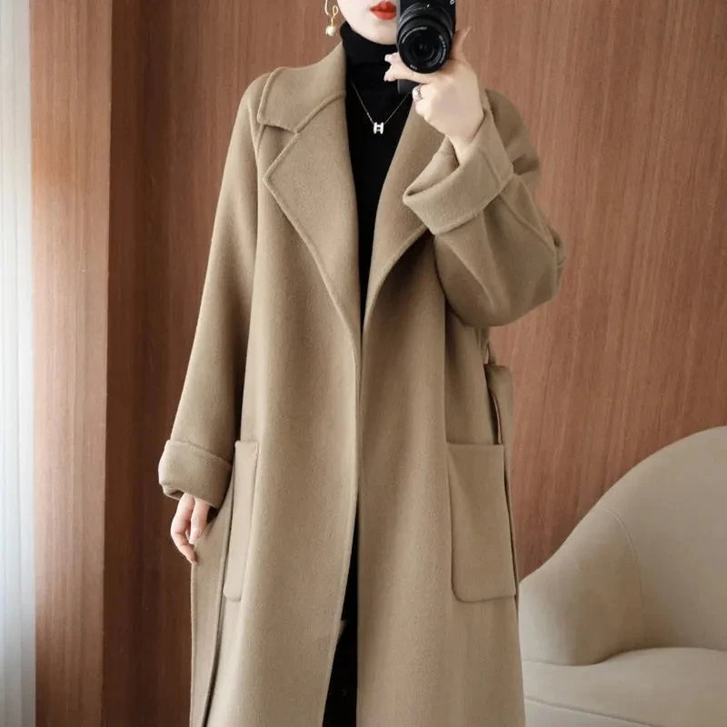 LANMREM Popular 2025 High End Water Ripple Double-sided Wool Coat Women Long Bathrobe Style Autumn Winter Coat For Female 2A462