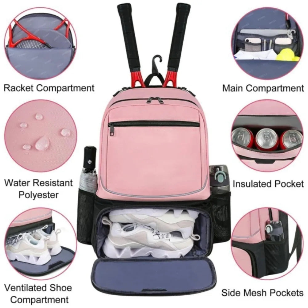 Zipper Closure Tennis Backpack Large Capacity Reversible Pickleball Rackets Backpack Durable with Shoe Pocket