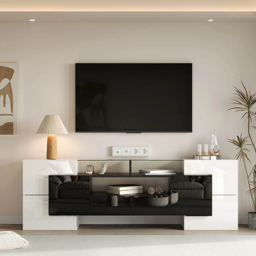 Meuble TV 200x35x60 cm Blanc Haute Brillance – Surface Verre | LED | 60 kg | Design Moderne | Salon