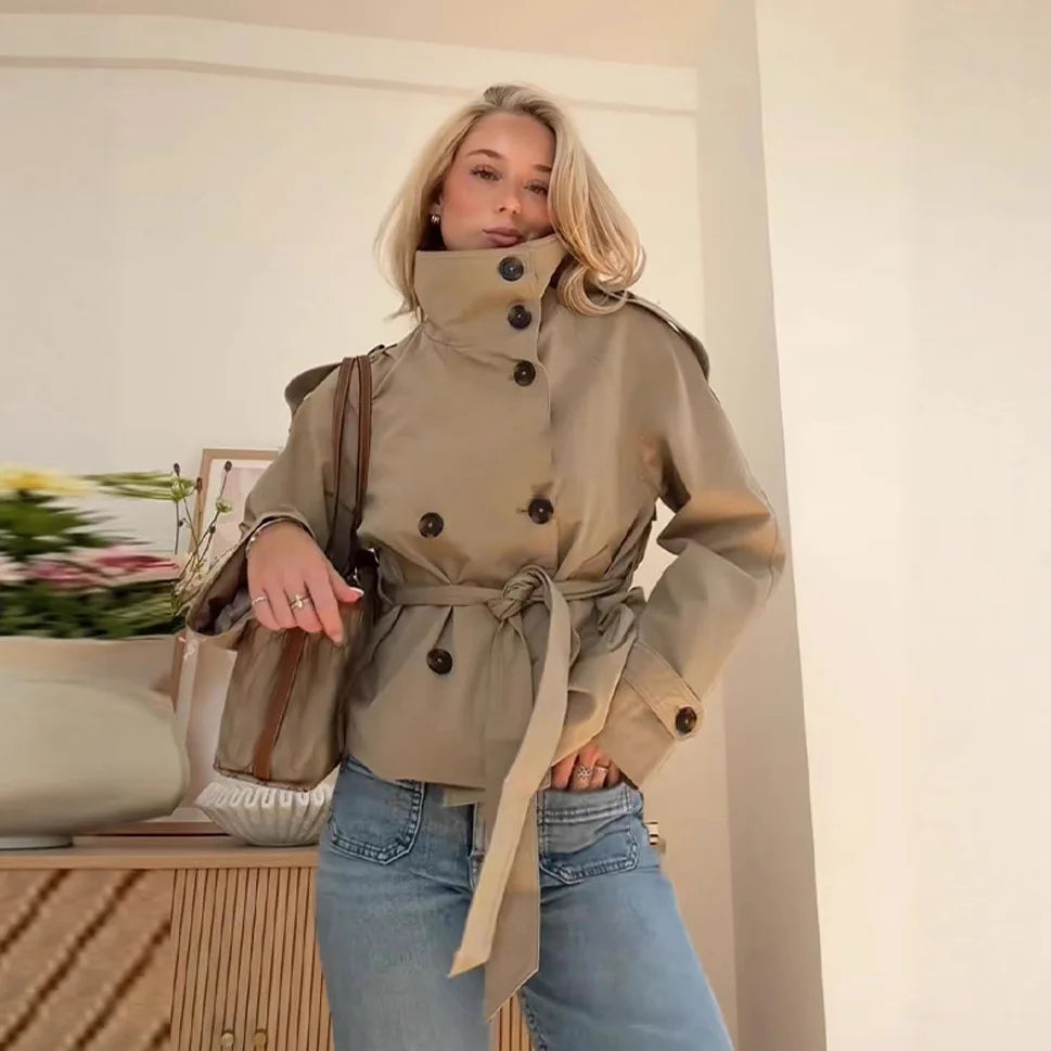 New Women's Solid Color Trench Coat Stand Collar Double Breasted Waist Tie Elegant Commuter Casual Loose Comfortable Warm Outfit