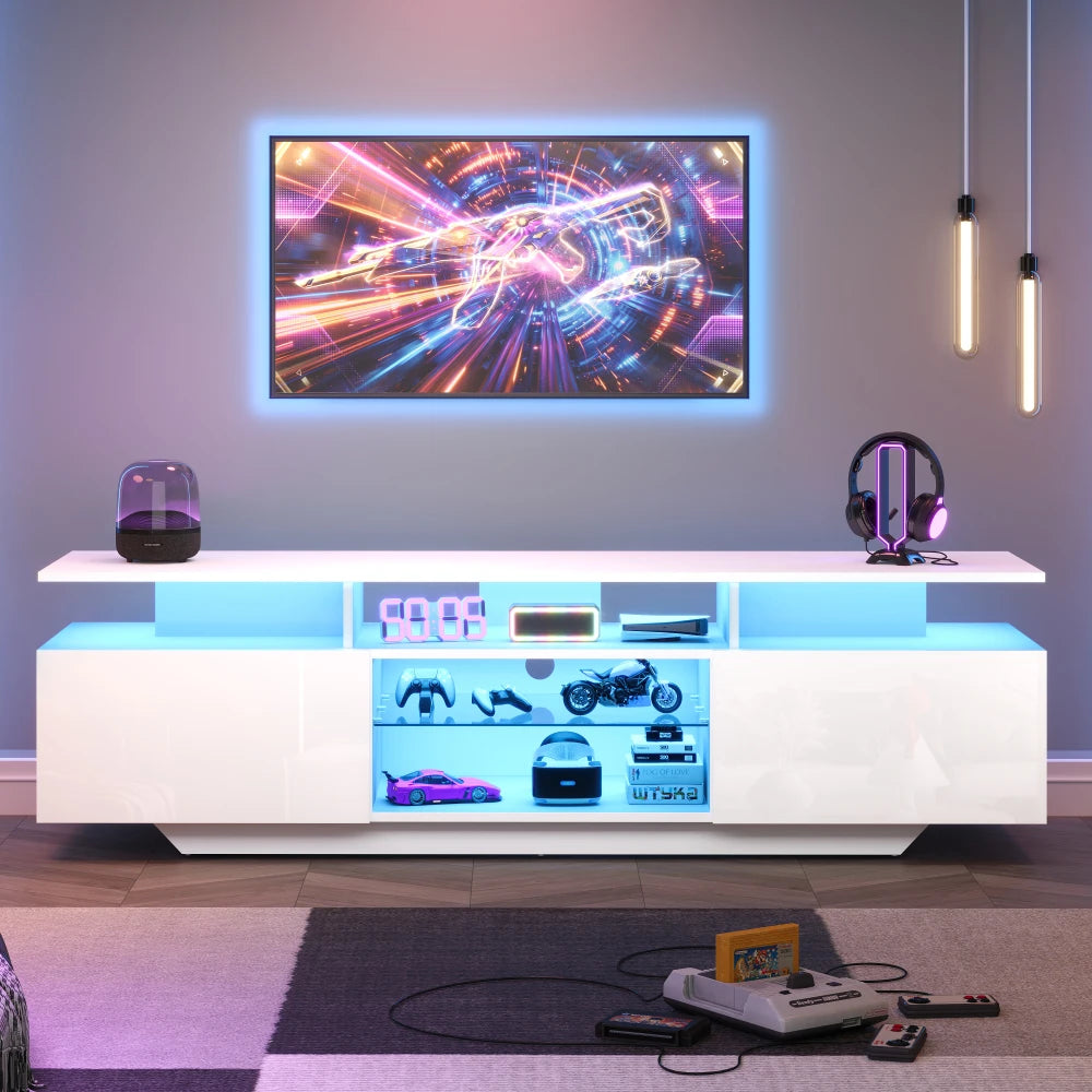 Meuble TV Haute Brillance 160x39x42 cm – Éclairage LED 16 Couleurs | 3 Tiroirs | Pour TV 70"
