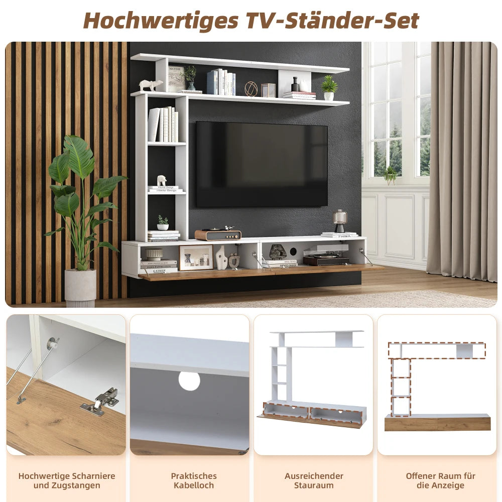 Ensemble Mural TV 3 Pièces 180x35x22,5 cm – Meuble TV + Étagère Verticale + Étagère Horizontale | Blanc & Chêne