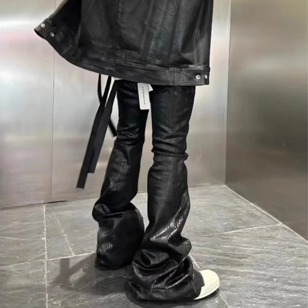 Men's Jean Flare Waxed Leather Effect Black Y2K Streetwear Baggy Oversized Sizes M-XXL Asia
