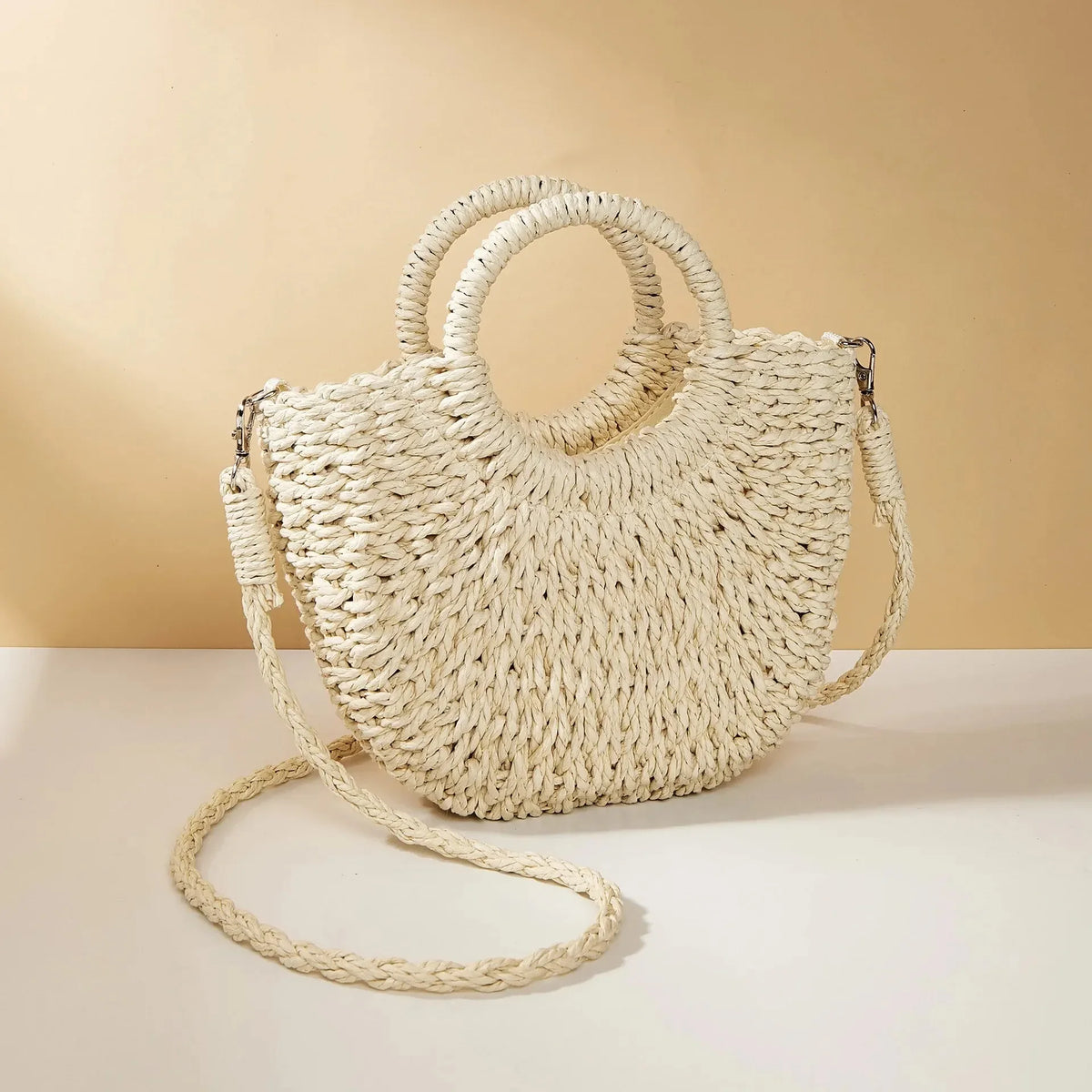 Sac de Plage en Paille Tressée Demi-Lune – Grande Capacité, Bandoulière & Épaule