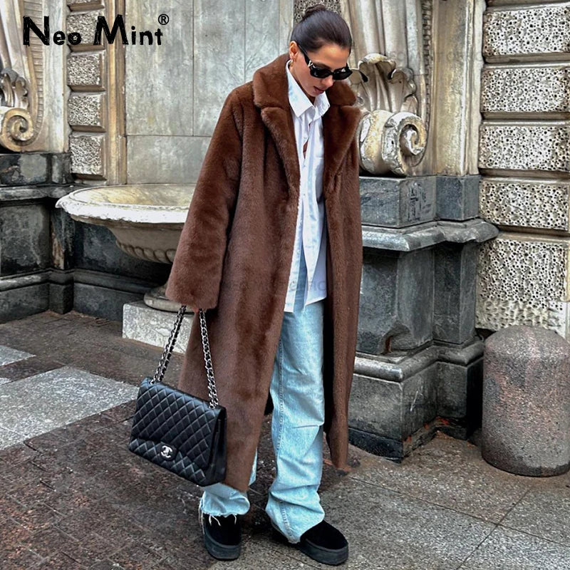 Neo Mint - Manteau Long en Fausse Fourrure de Vison pour Femme, Veste d'Hiver de Luxe avec Fermetures Cristal