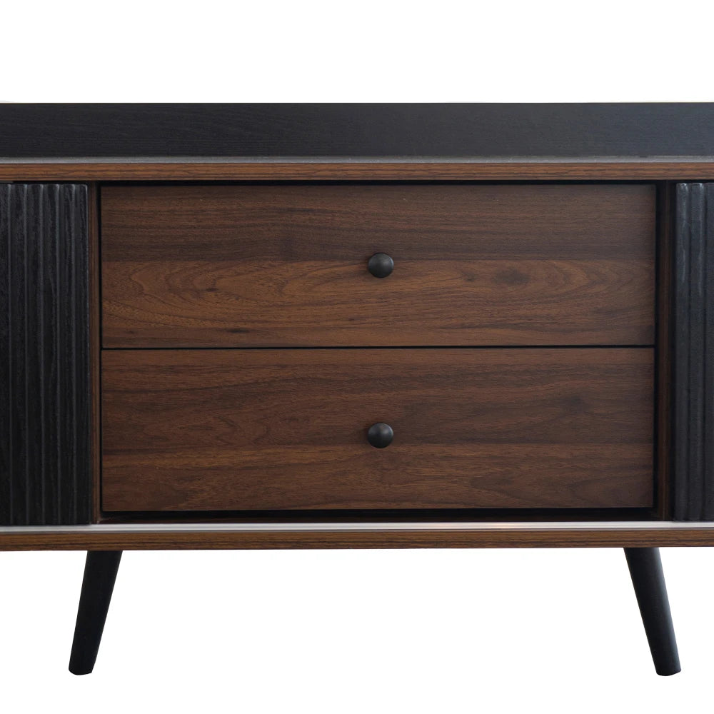 Console TV Bicolore 160x40x58 cm – Noir & Bois | 2 Tiroirs | Portes Coulissantes | Style Scandinave | Salon