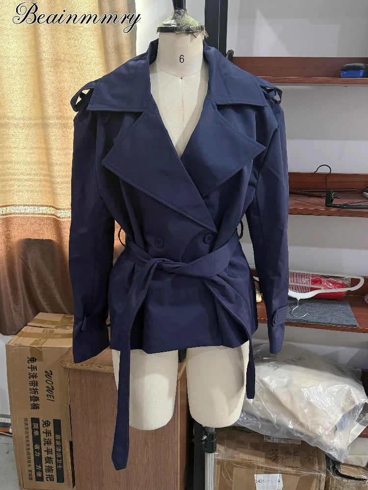 Solid Lace Up Short Windbreaker Women Elegant Full Sleeve Button Loose Chic Trench Coat New Office Lady Daily Commute Outwear
