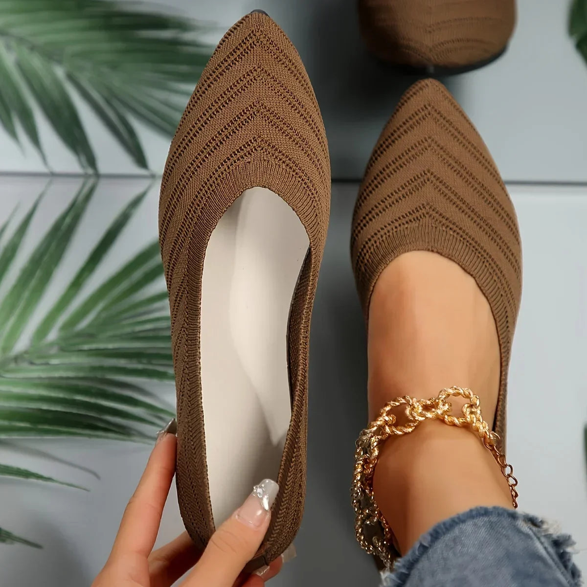 Flache Schuhe mit spitzer Zehe für Damen – Atmungsaktives Gestrick, Slip-On, lässiger Ballerina-Stil