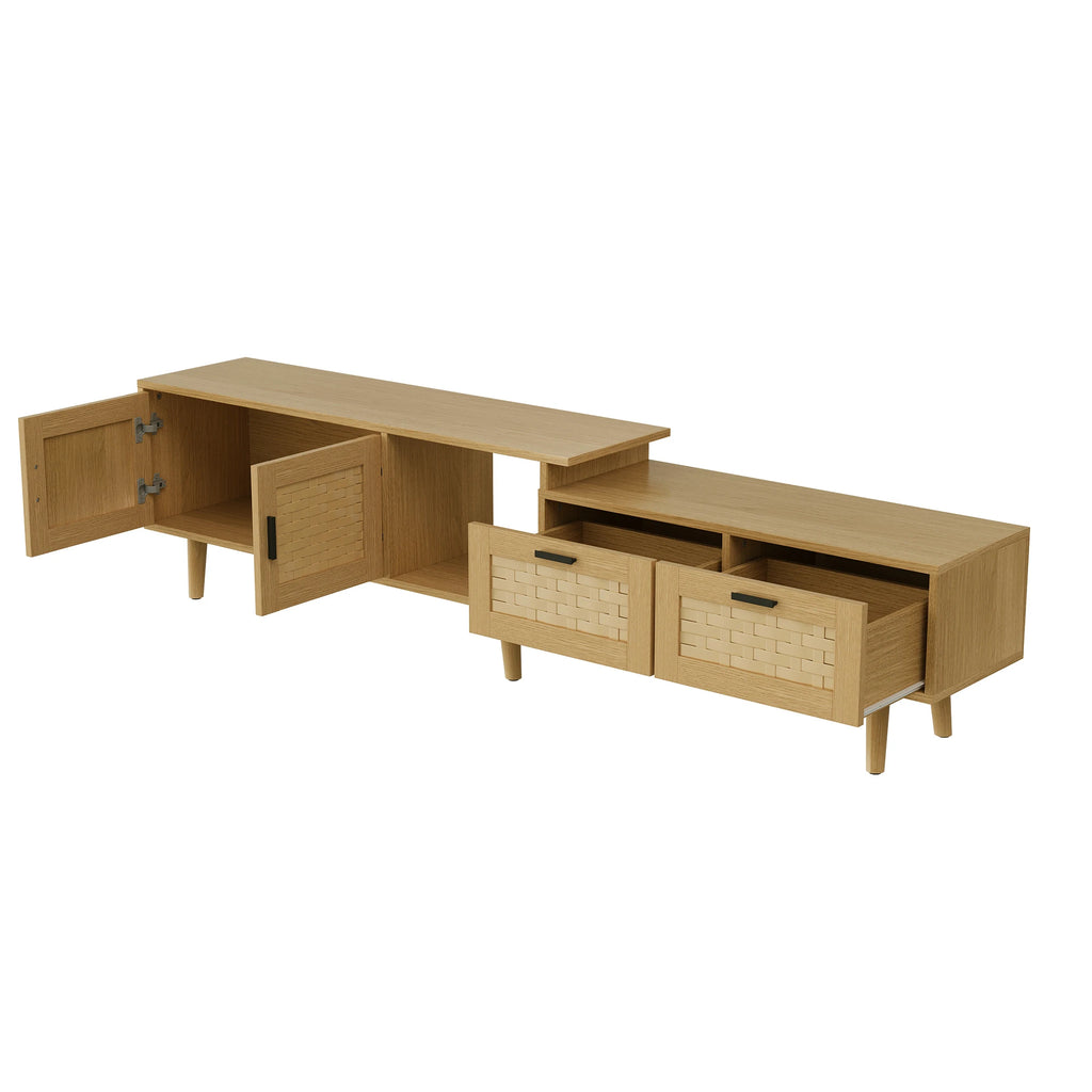 Meuble TV Extensible 146-180 cm – 2 Tiroirs & Portes Rotin | Bois Massif Salon