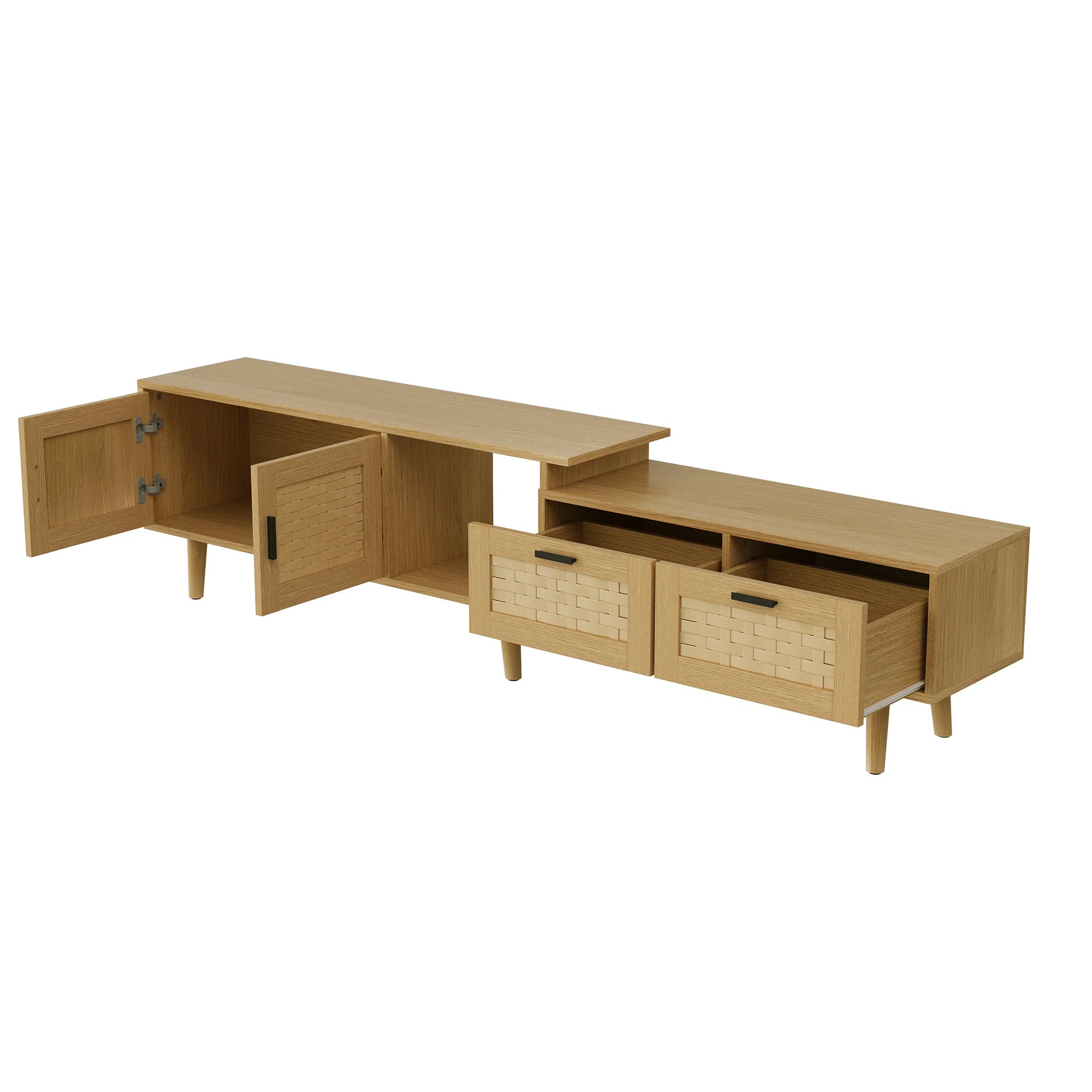 Meuble TV Extensible 146-180 cm – 2 Tiroirs & Portes Rotin | Bois Massif Salon