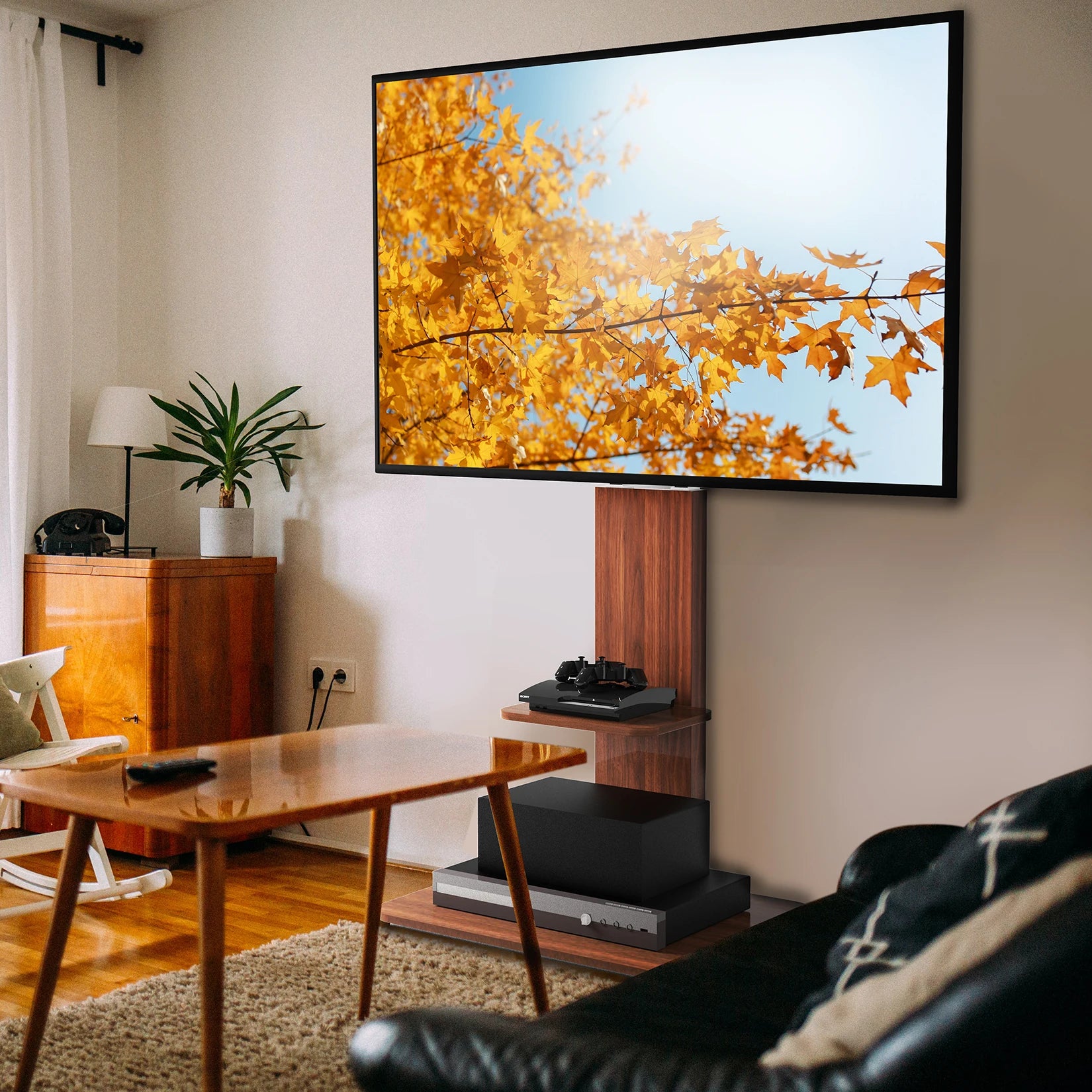 Support TV Sol Universel Unho – Hauteur Réglable | TV 32-65" | VESA 400x600 | Métal + Bois | 40 kg