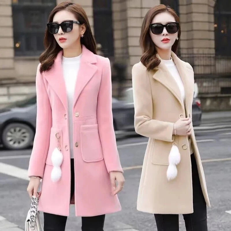 Manteau Long en Laine Femme – Col Tailleur, Coupe Ajustée, Style Automne-Hiver