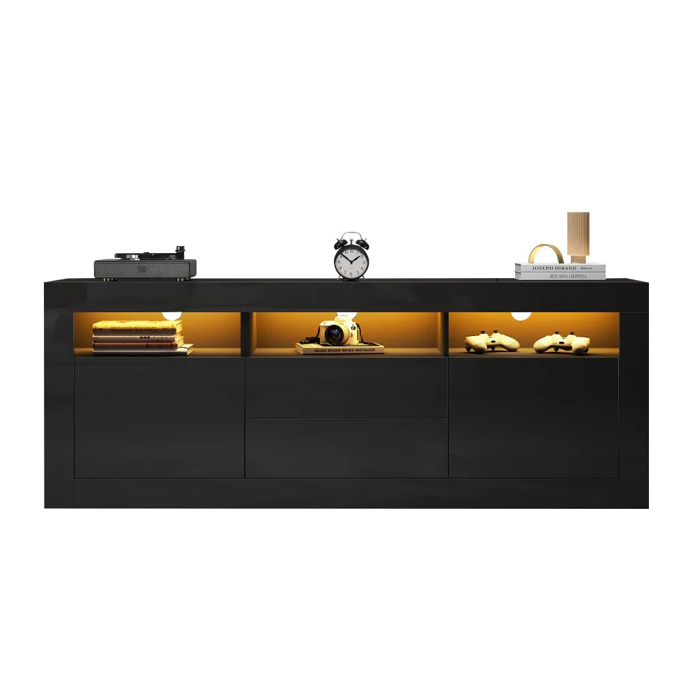 Meuble TV Haute Brillance LED 160x35x60 cm – 3 Niches | 2 Portes | 2 Tiroirs | TV 70" | App Bluetooth