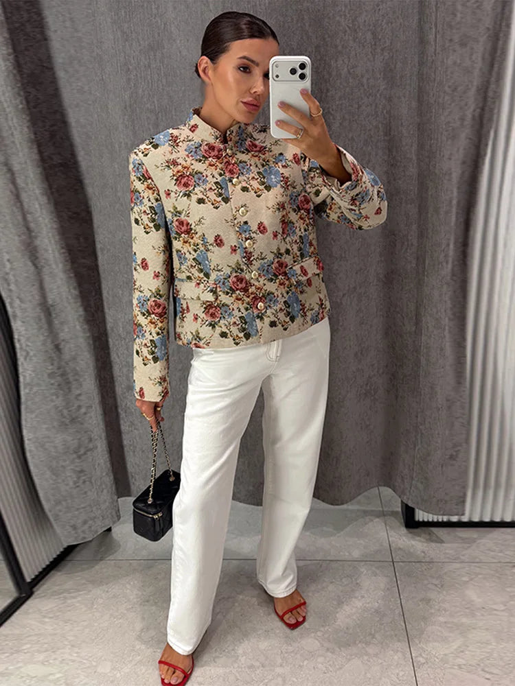 Veste Femme Col Montant à Fleurs – Epaulettes, Boutonnage Simple, Imprimé Vintage, Automne-Hiver 2026