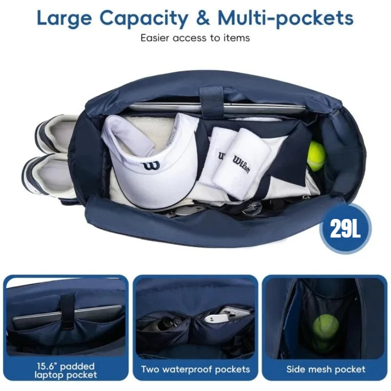 29L Tennis Handbag with Shoe Compartment Tennis Badminton One Shoulder Bags for 2-4 Rackets Waterproof Lightweight Bag Men Women