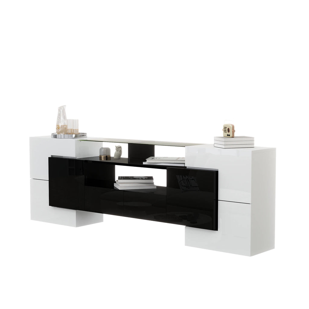 Meuble TV 200x35x60 cm Blanc Haute Brillance – Surface Verre | LED | 60 kg | Design Moderne | Salon