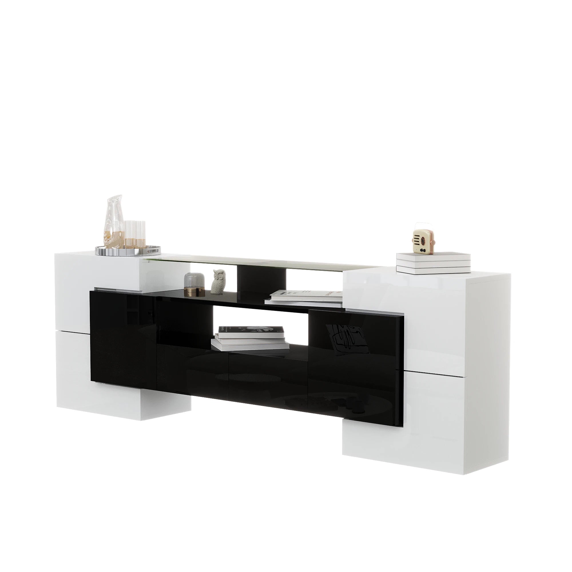 Meuble TV 200x35x60 cm Blanc Haute Brillance – Surface Verre | LED | 60 kg | Design Moderne | Salon