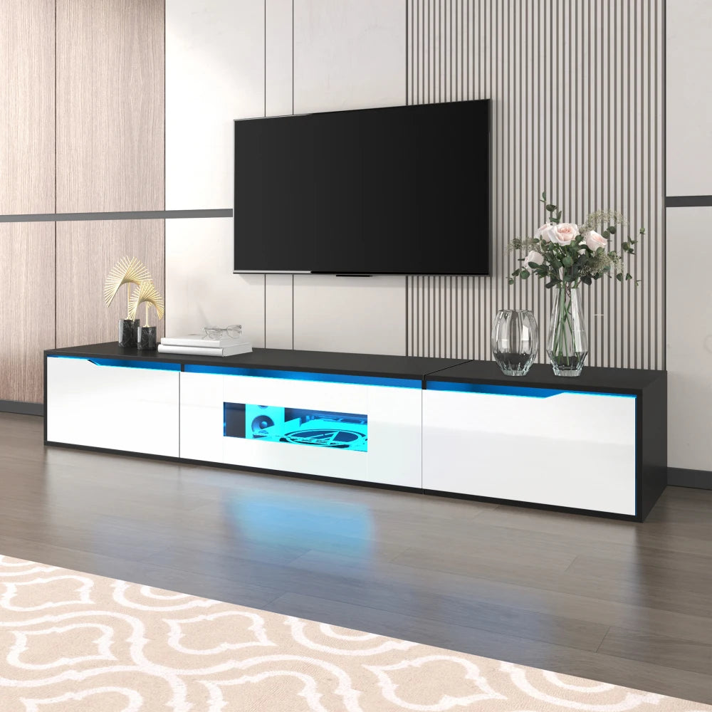 Meuble TV Haute Brillance 180x35x30 cm – LED 16 Couleurs USB | Mural ou Sol | Noir & Blanc | 60 kg