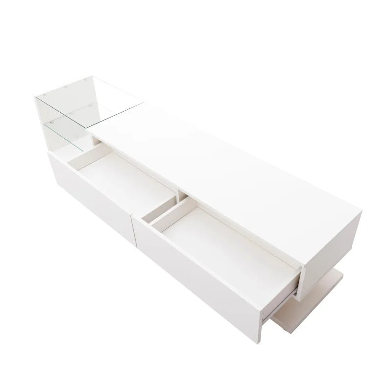 Meuble TV Rbefeuly 170 cm Blanc Haute Brillance – LED | 2 Tiroirs | 2 Étagères Verre | Mural ou Sol | TV 59"