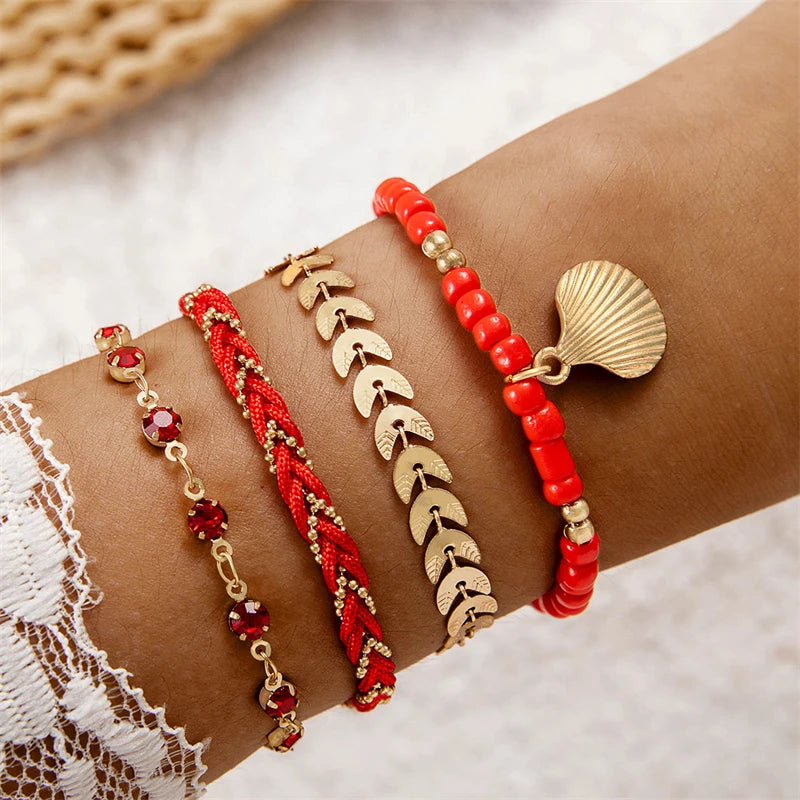 Lot de 4 Bracelets Bohème Coquillage Femme – Perles Zircon Colorées & Chaîne Métal, Bijoux Plage Été