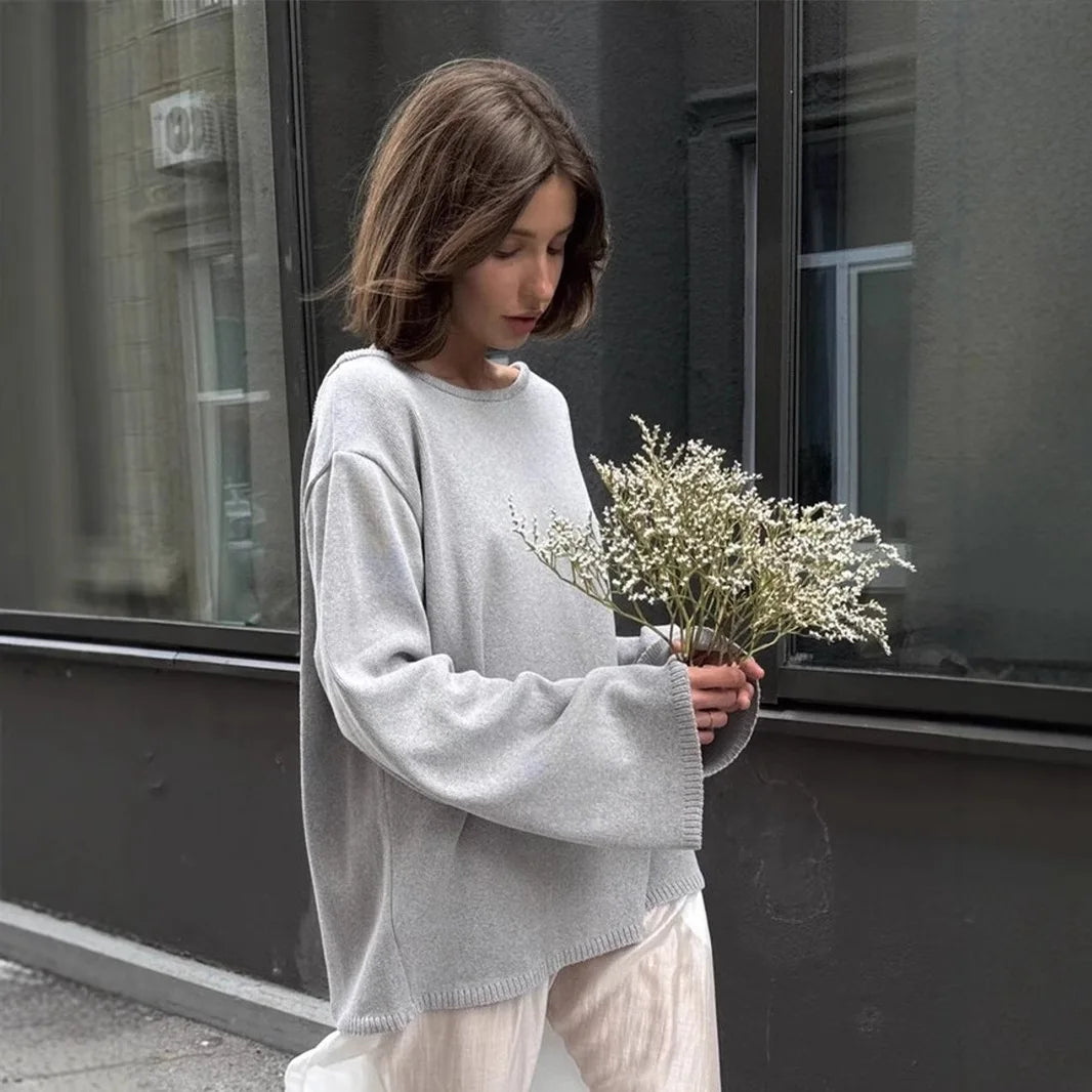 Pull Femme Coton Tricoté Dos Nu – Col Rond Loose Chaud Automne Hiver