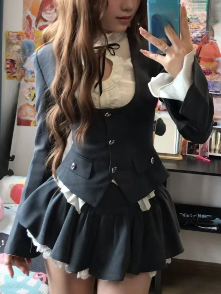 Ensemble 3 Pièces Harajuku Rétro Chic – Chemise à Manches Bouffantes, Gilet & Mini Jupe Femme