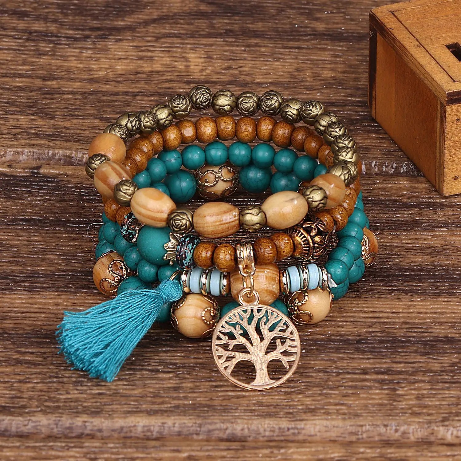 Set Bracelets Femme Bohème Arbre de Vie – Perles Bois & Glands