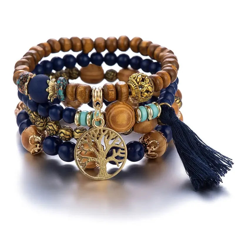 Set Bracelets Femme Bohème Arbre de Vie – Perles Bois & Glands
