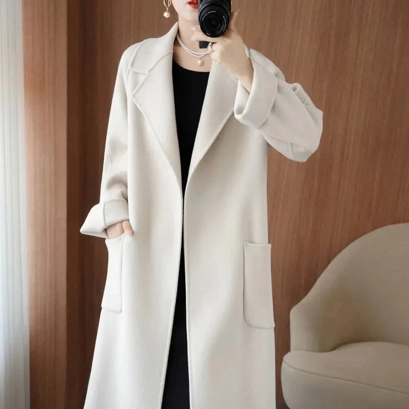 LANMREM Popular 2025 High End Water Ripple Double-sided Wool Coat Women Long Bathrobe Style Autumn Winter Coat For Female 2A462
