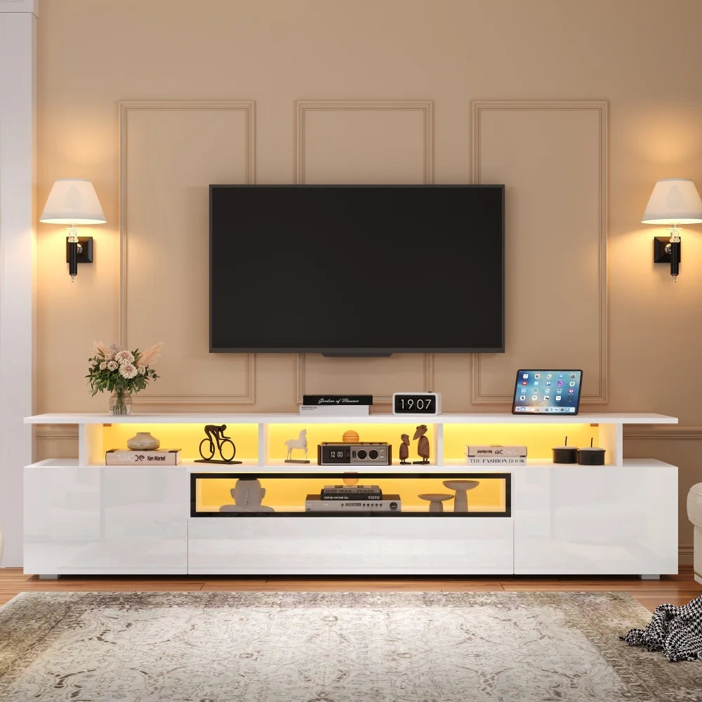 Meuble TV Haute Brillance 180x38x45 cm – LED App | 2 Armoires + 1 Tiroir | Acrylique | TV 75"