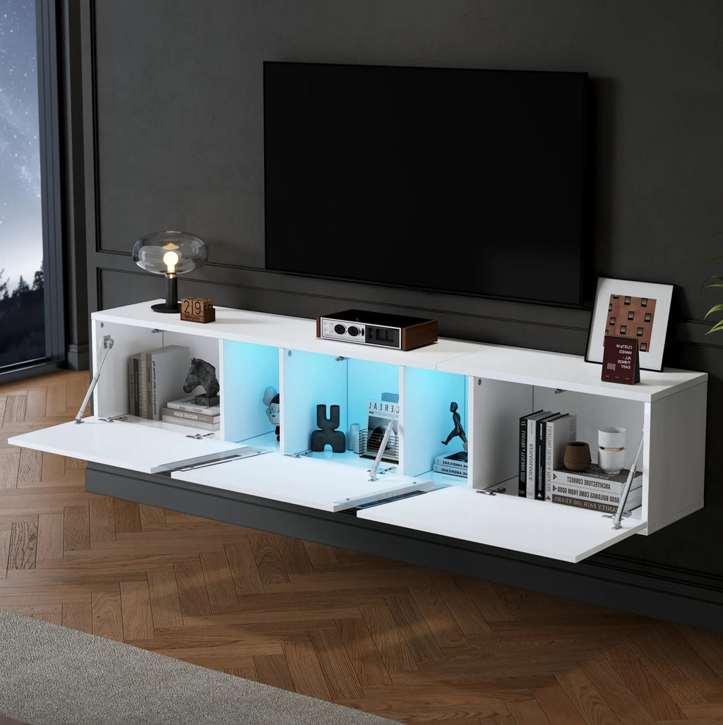 Meuble TV Mural 180x35x30 cm Blanc Haute Brillance – LED App | 3 Portes Soft-Close | Acrylique | TV 75"