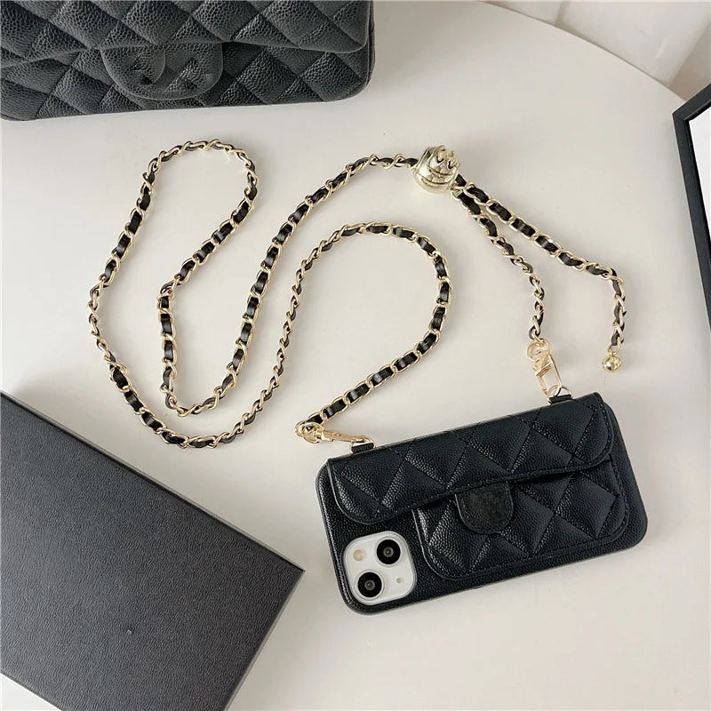Coque iPhone Cuir PU Texture Litchi – Portefeuille, Bandoulière & Porte-Carte