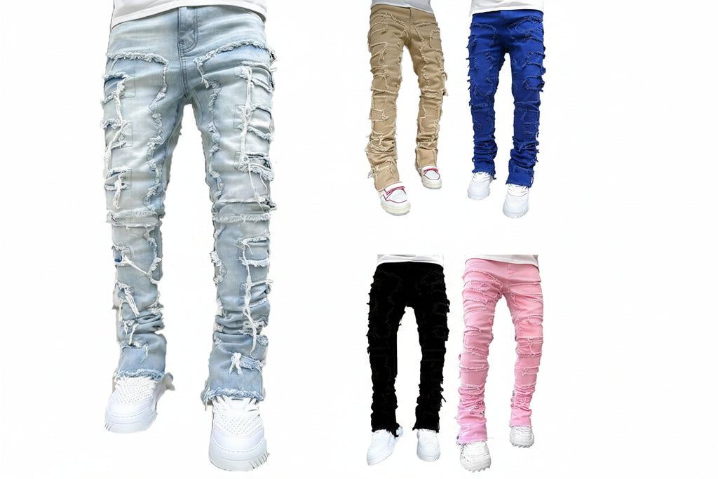 Men's Slim Stacked Ripped Distressed Hip-Hop Streetwear Jeans 9 Colors S-XXL