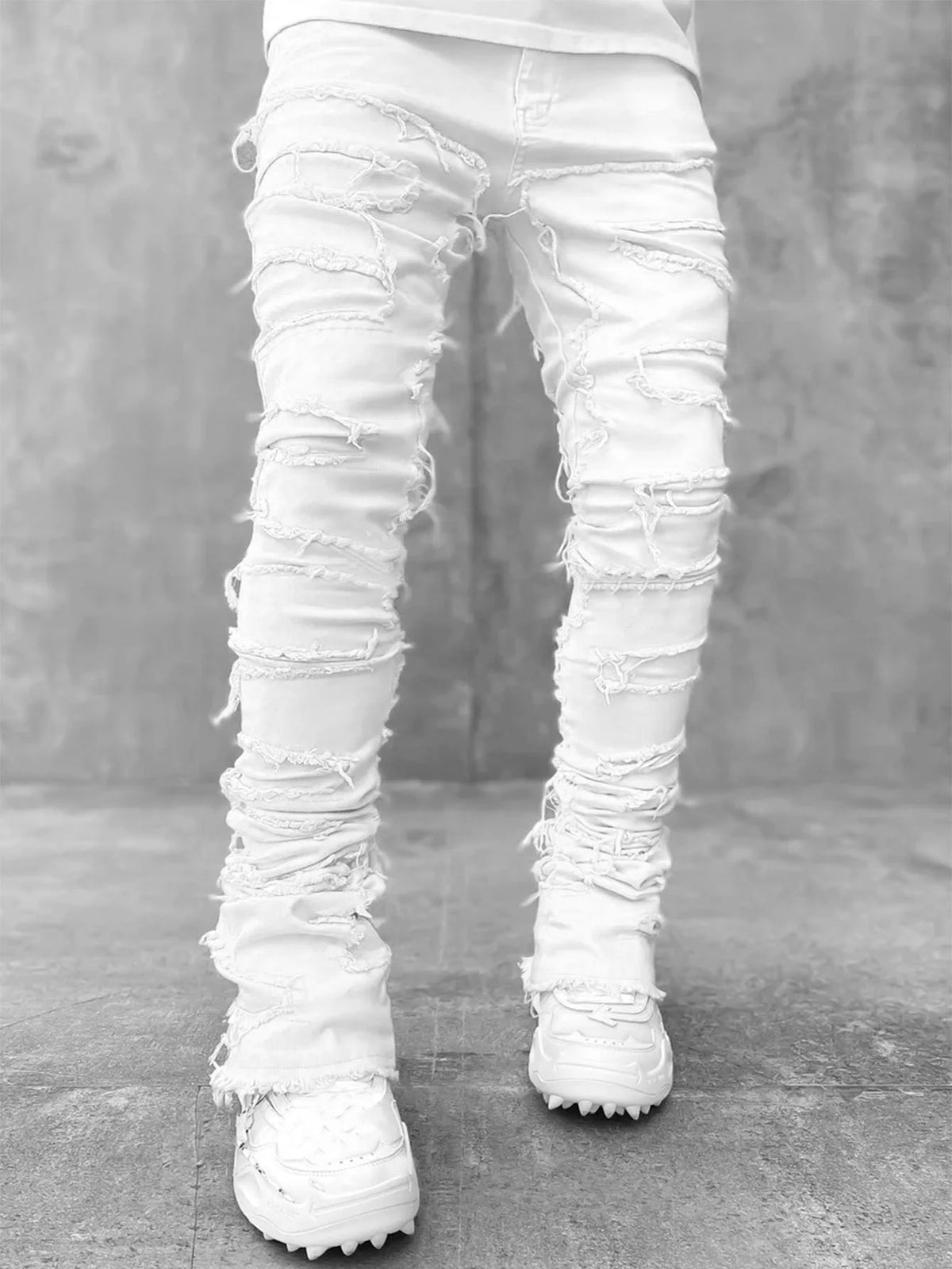 Jean Slim Stacked Homme Ripped Distressed Hip-Hop Streetwear 9 Coloris S-XXL