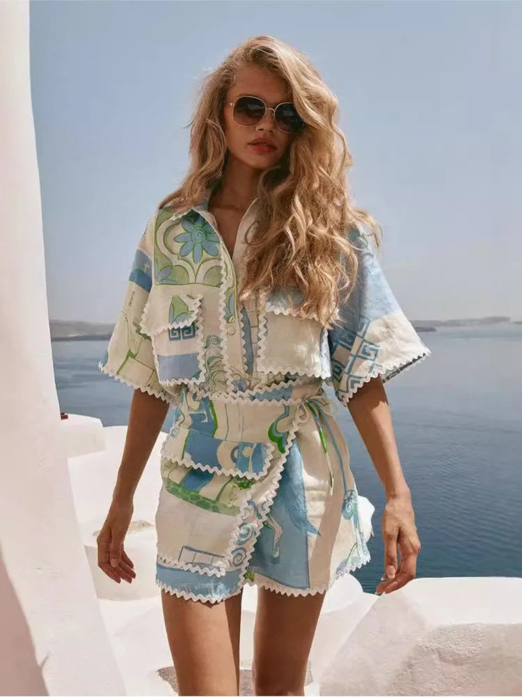 Ensemble 2 Pièces à Volants Imprimés – Tops Boutonné & Mini Jupe Femme | Été Casual