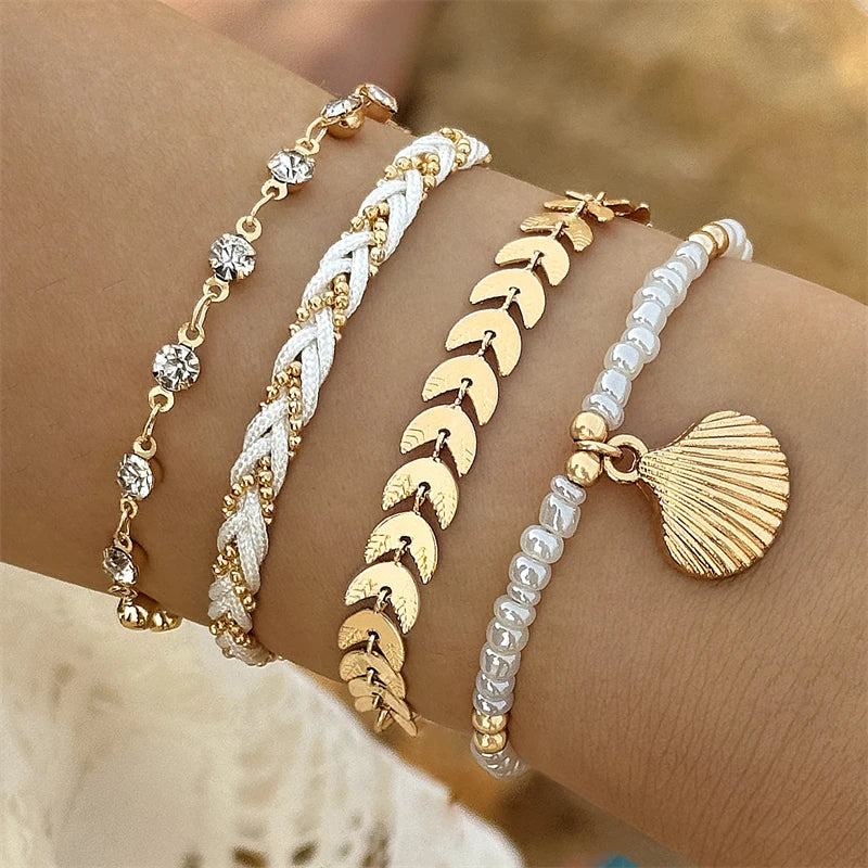 Lot de 4 Bracelets Bohème Coquillage Femme – Perles Zircon Colorées & Chaîne Métal, Bijoux Plage Été