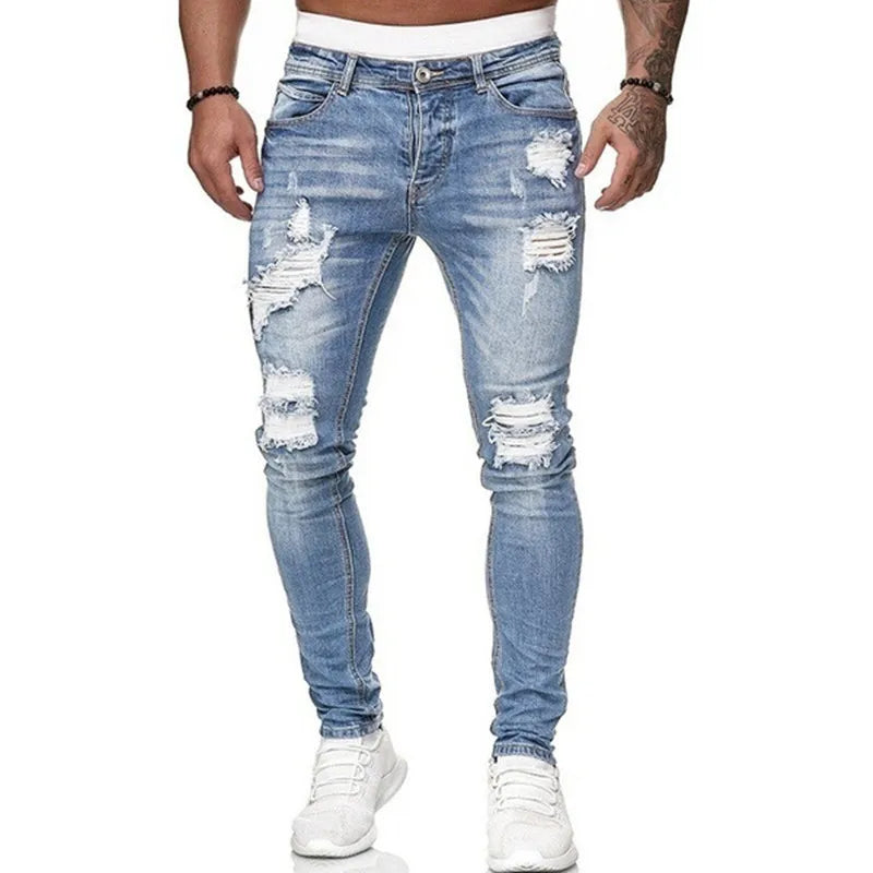 Fashion Street Style Ripped Skinny Jeans für Herren, Vintage-Waschung, unifarbene Denim-Hose, lässige Slim-Fit-Jeans, heiß begehrt