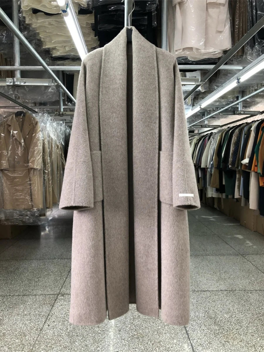 Big Collar Bathrobe Style Double-sided Cashmere Coat for Women Autumn Winter Long Beautiful Wool Coats Loose Simple Woolen Coat