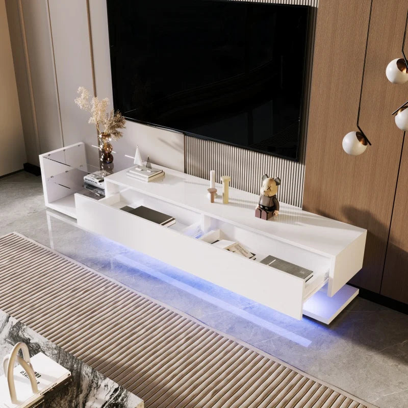 Meuble TV Rbefeuly 170 cm Blanc Haute Brillance – LED | 2 Tiroirs | 2 Étagères Verre | Mural ou Sol | TV 59"